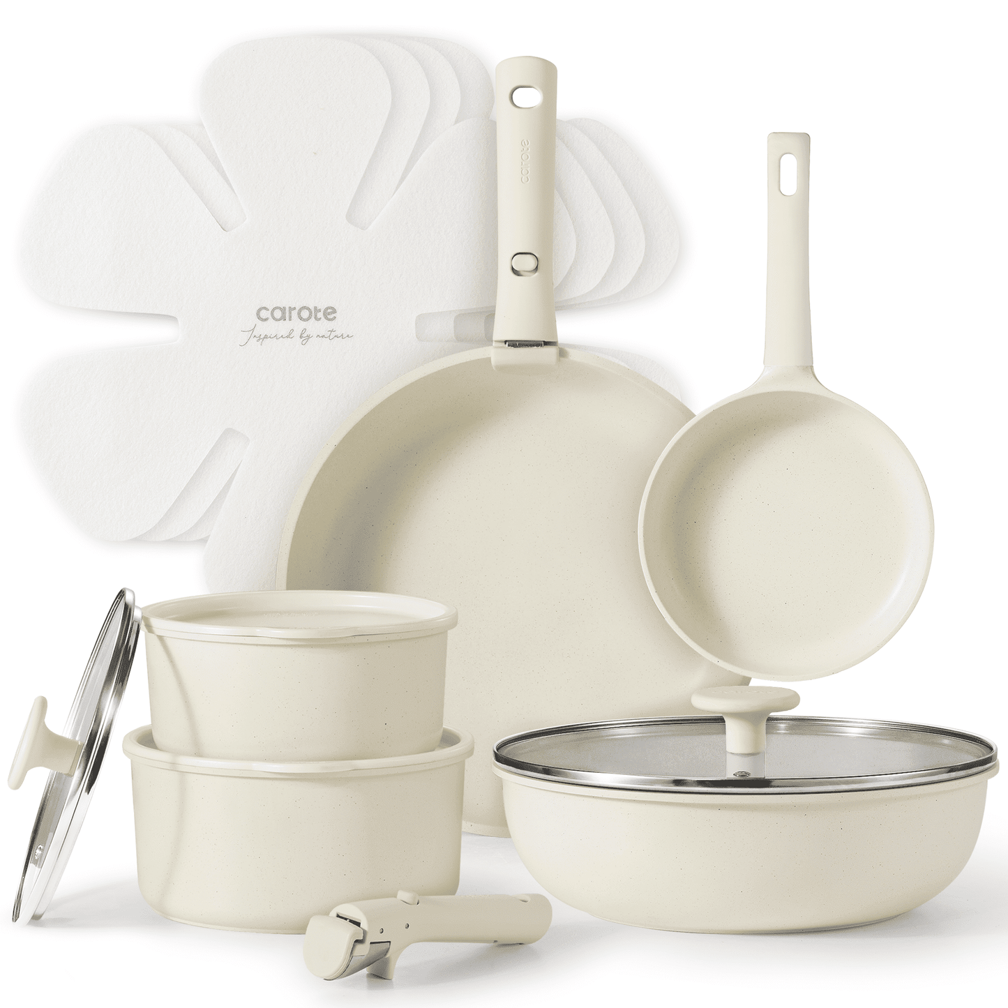 Carote Nonstick Cookware Sets, 15 Pcs Non Stick Pots and Pans Set with Removable Handle, White