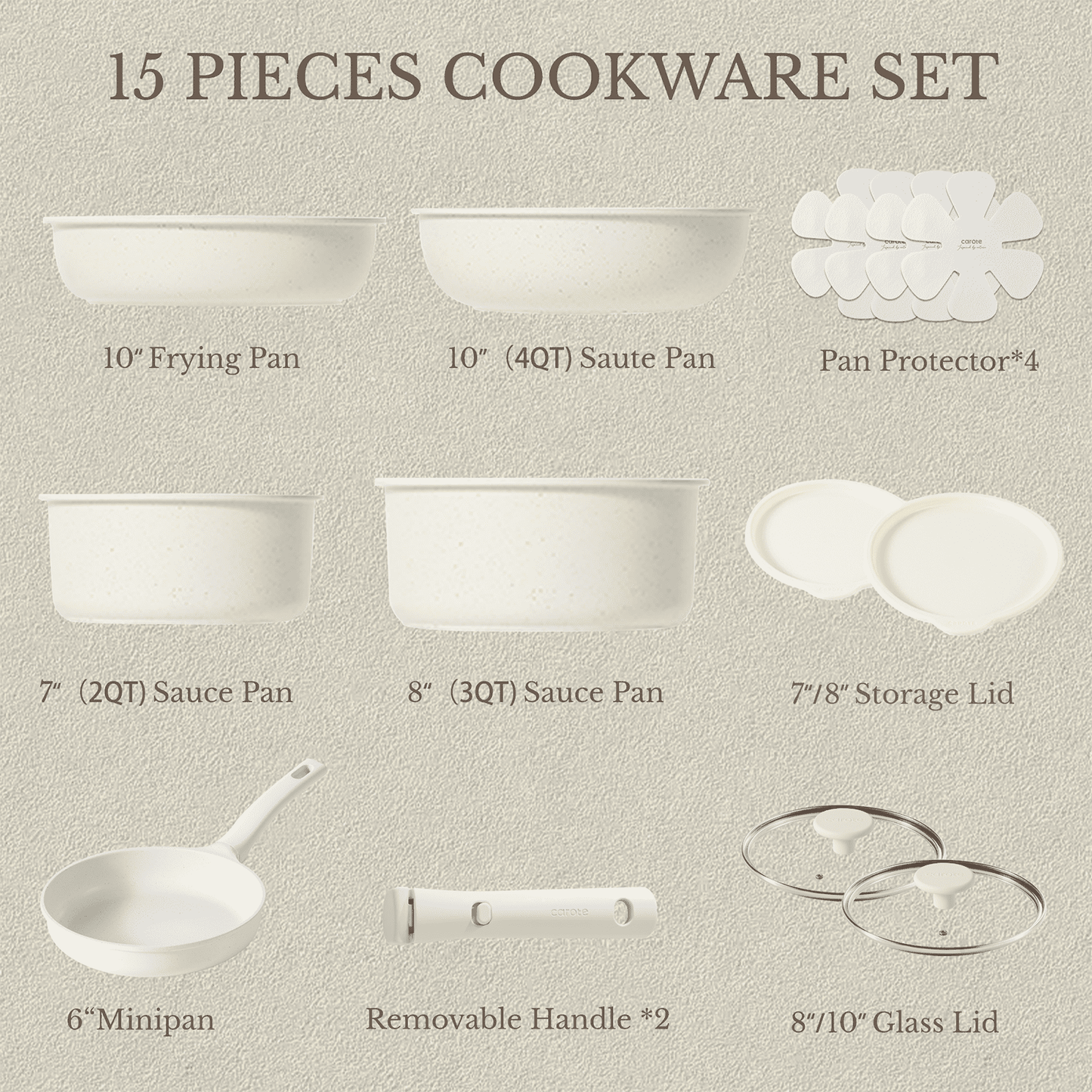 Carote Nonstick Cookware Sets, 15 Pcs Non Stick Pots and Pans Set with Removable Handle, White
