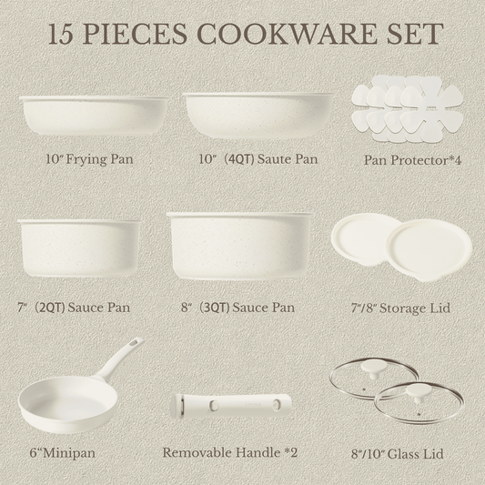 Carote Nonstick Cookware Sets, 15 Pcs Non Stick Pots and Pans Set with Removable Handle, White
