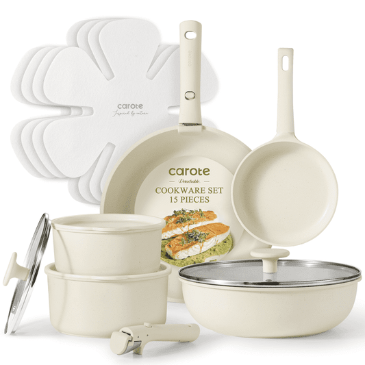 Carote Nonstick Cookware Sets, 15 Pcs Non Stick Pots and Pans Set with Removable Handle, White